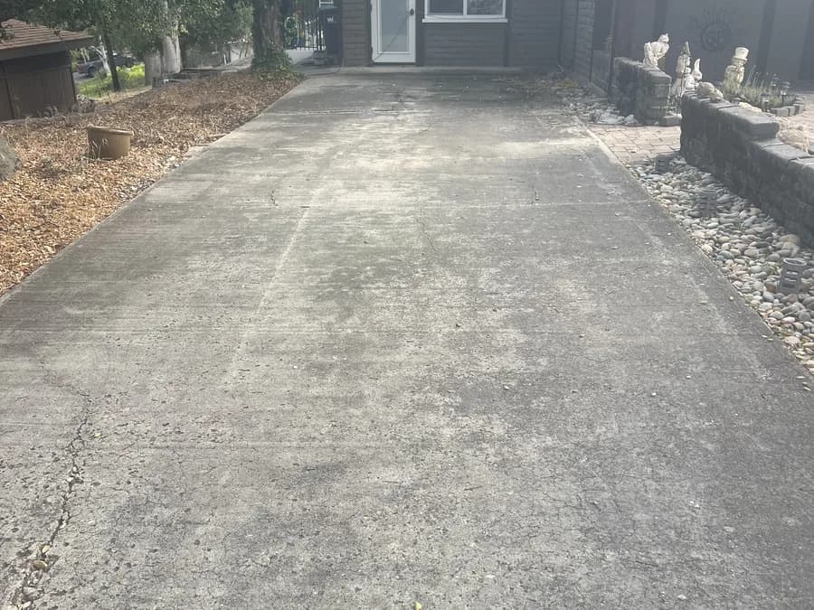 Residential driveway darkened with dirt and organic growth before pressure washing